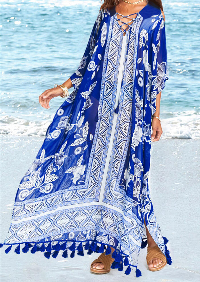 

Cover Ups Tassel Cross Cold Shoulder Cover Up - Blue. Size