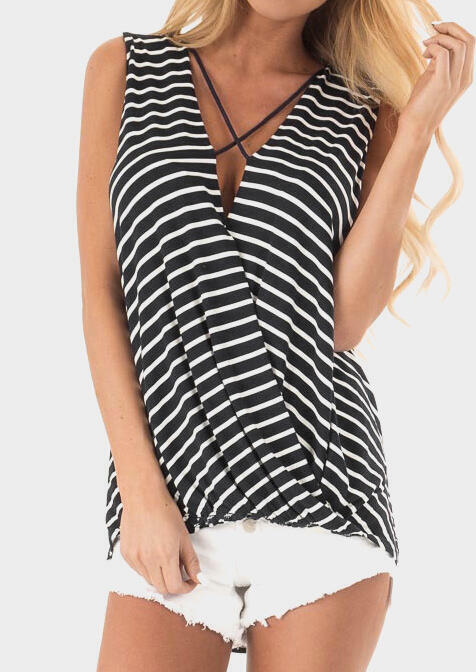 

Striped Ruffled Criss-Cross Tank - Black, 449246