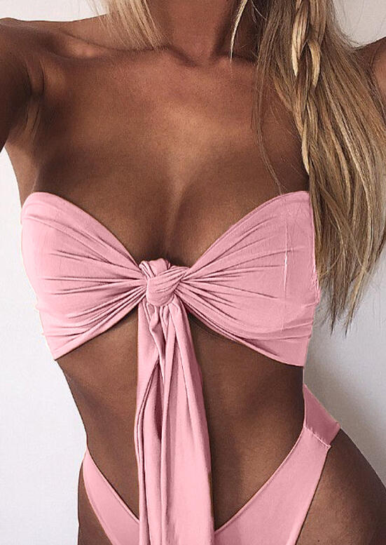 

Pink Bandeau Strapless Tie Knot Front Bikini Set