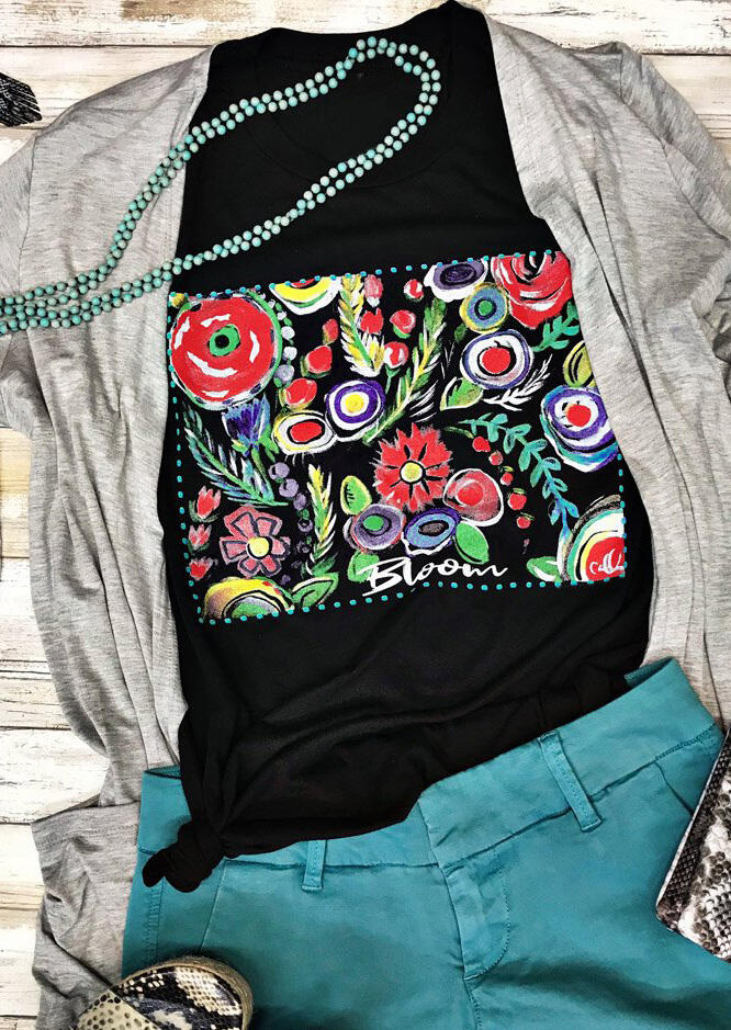 

Floral Bloom O-Neck T-Shirt Tee - Black, 449356