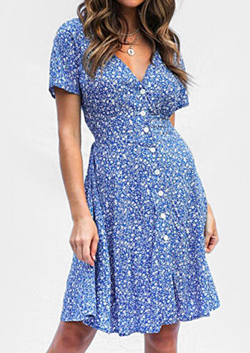 

Printed Button V-Neck Mini Dress without Necklace- Blue, 449528