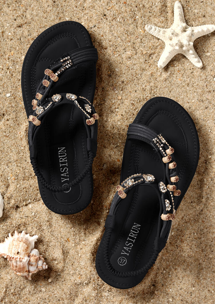 

Sandals Beading Round Toe Flat Sandals - Black. Size: ,41