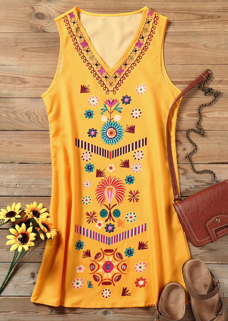 

Printed V-Neck Mini Dress - Yellow, 449526