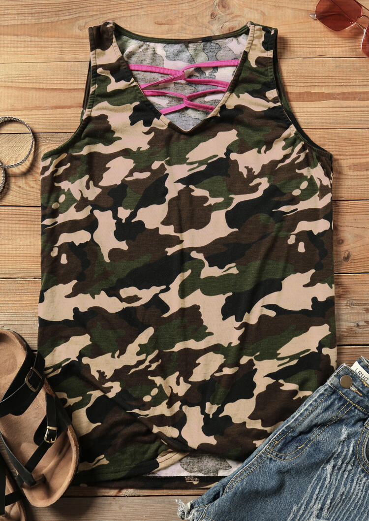 

Camouflage Printed Criss-Cross V-Neck Tank, 449546