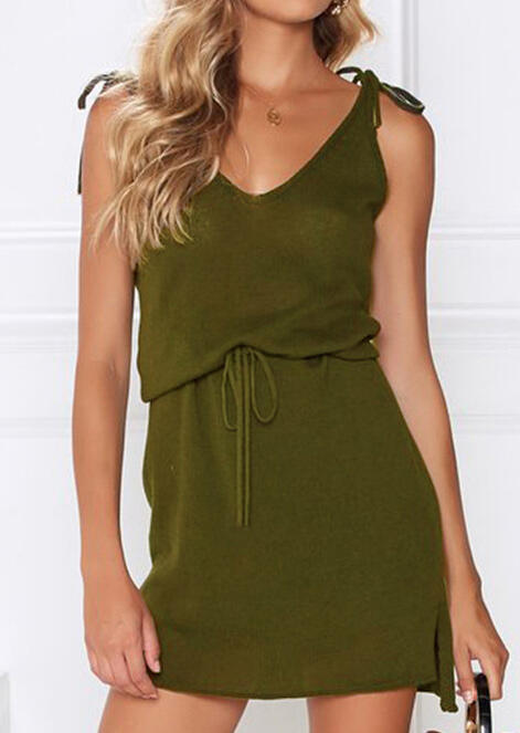 

Solid Tie Drawstring V-Neck Casual Dress without Necklace - Army Green, 449579
