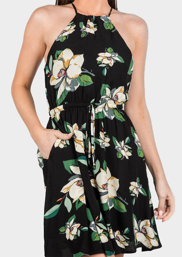 

Floral Spaghetti Strap Pocket Casual Dress - Black, 449698