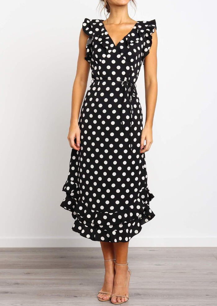 

Casual Dresses Polka Dot Ruffled Tie Casual Dress - Black. Size