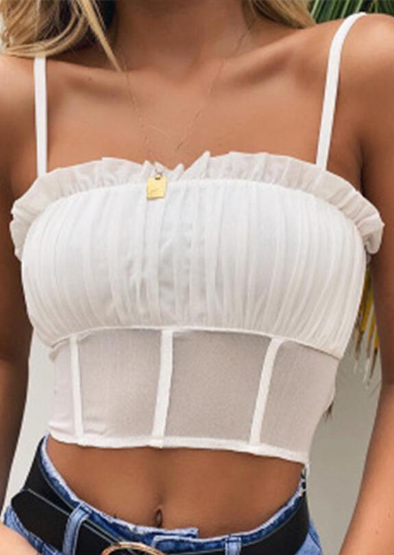 

Solid Ruffled Mesh Splicing Crop Top without Necklace -White, 449206
