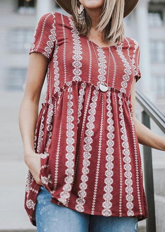 

Blouses Geometric Printed V-Neck Blouse without Necklace - Red. Size