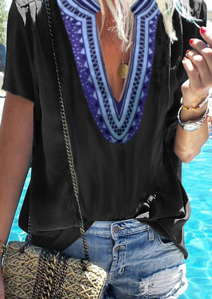

Blouses Geometric Printed Deep V-Neck Blouse - Black. Size