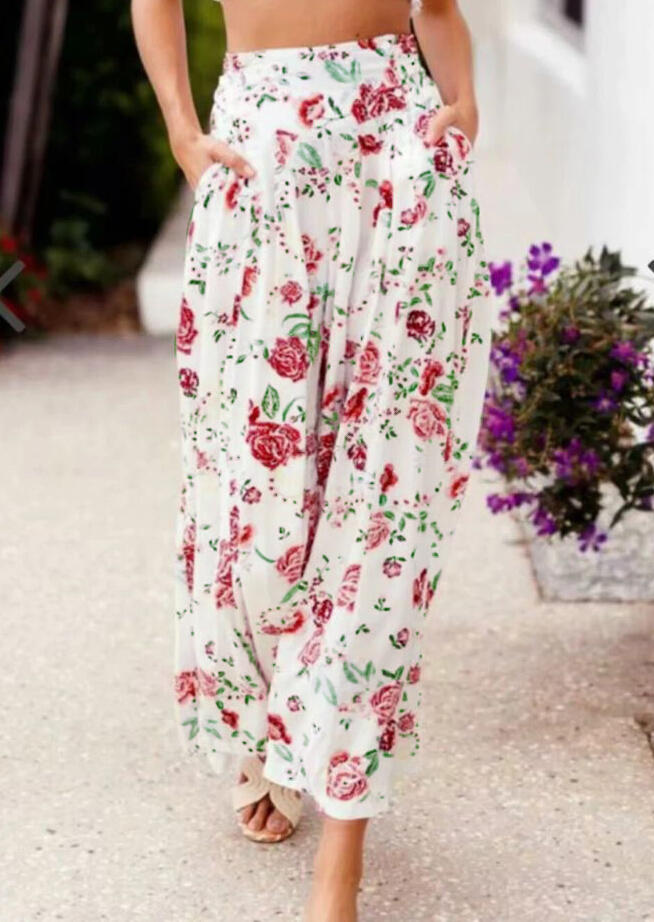 

Pants Floral Pocket Tie Wide Leg Pants - White. Size