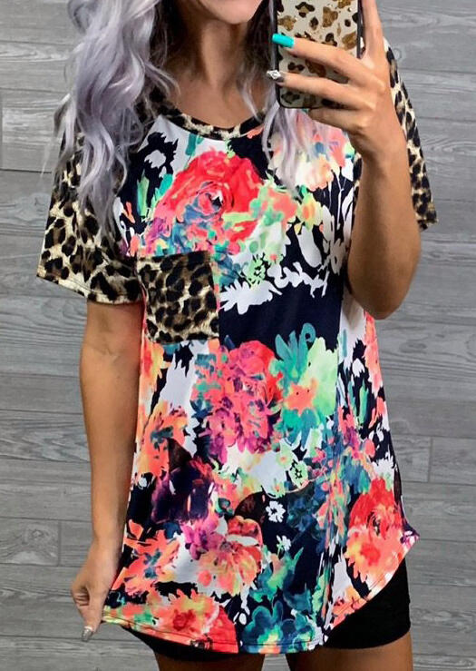 

Tees T-shirts Leopard Printed Splicing T-Shirt Tee - Multicolor. Size: M,,XL