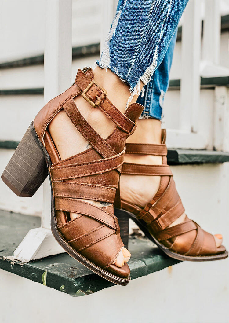 

Solid Buckle Strap Heeled Sandals - Brown, 449210
