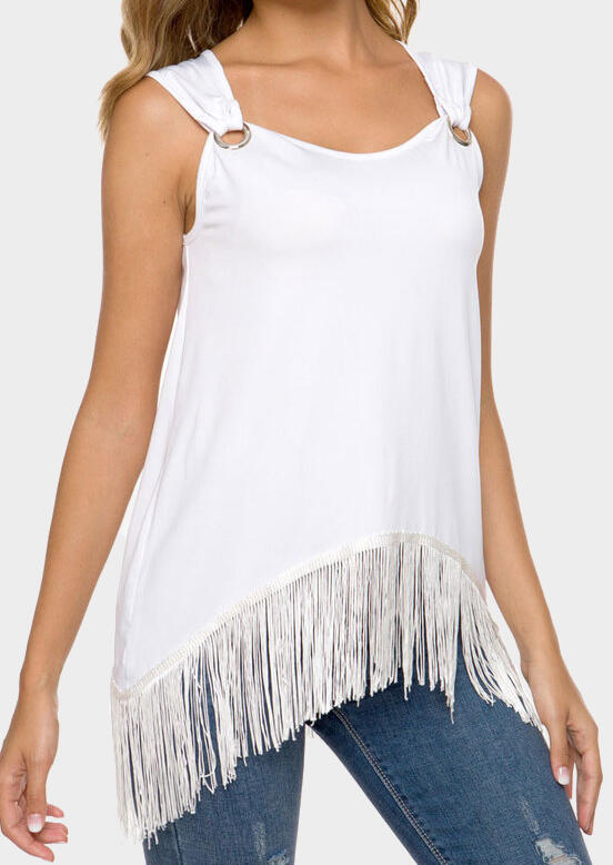 

Solid Tassel Sleeveless O-Neck Blouse - White, 450122