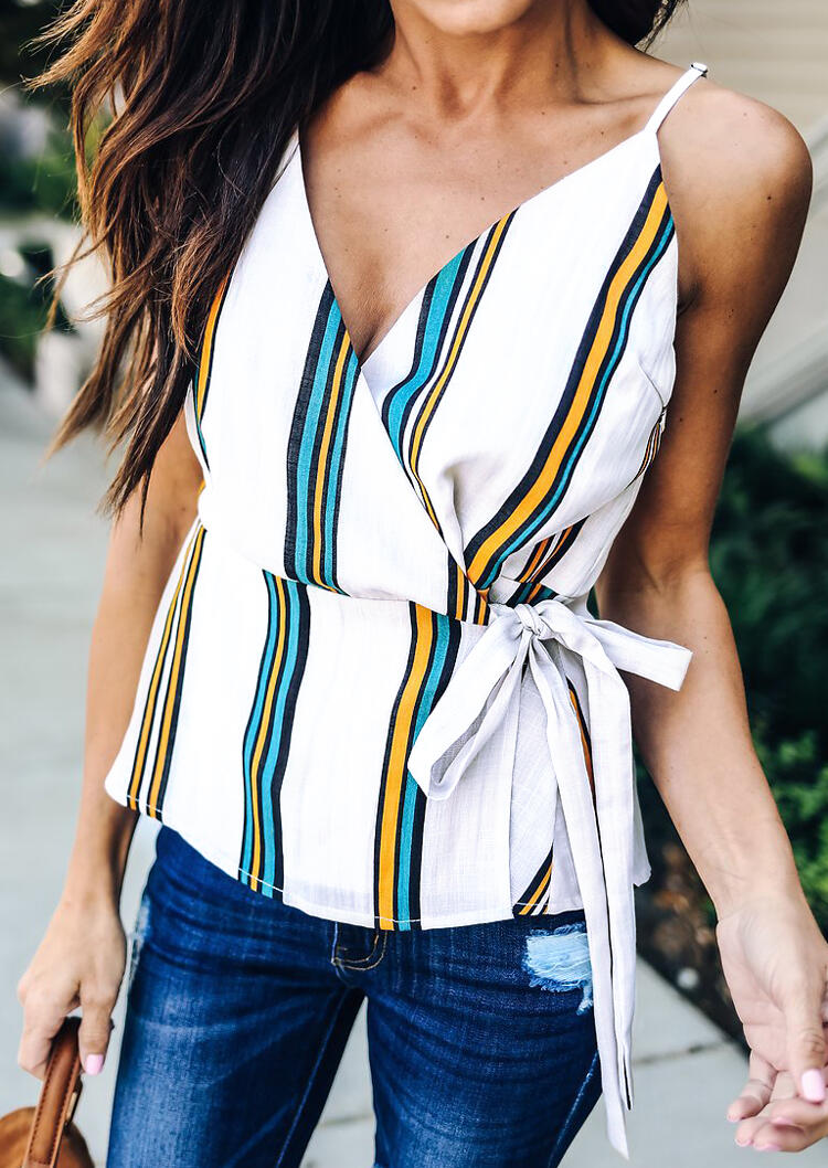 

Striped Tie V-Neck Camisole - White, 450152