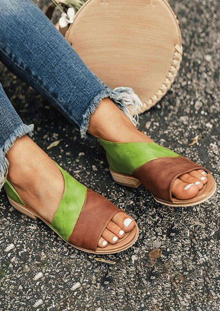 

Color Block Peep Toe Flat Sandals - Light Green, 449913