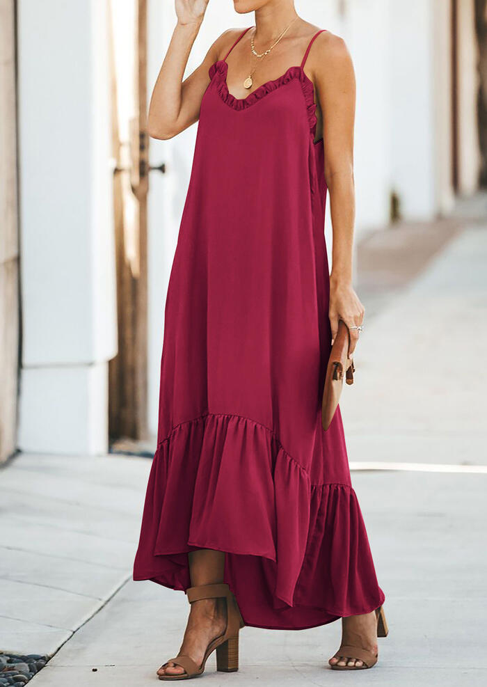 

Solid Irregular Ruffled Maxi Dress without Necklace - Burgundy, 450351