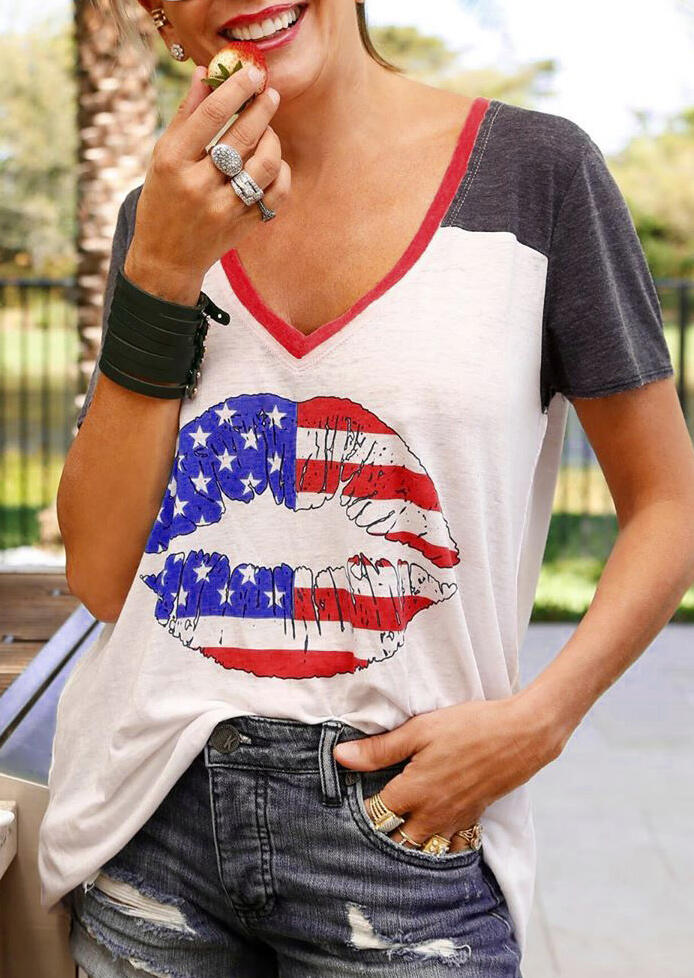 American Flag Lips T-Shirt Tee - White - Fairyseason