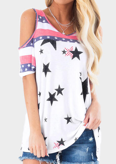 

Blouses Star American Flag Cold Shoulder Blouse without Necklace - White. Size