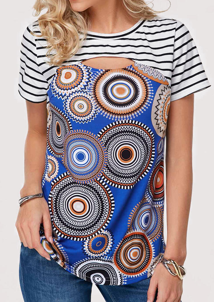 

Blouses Geometric Printed Striped Hollow Out Blouse - Royal Blue. Size