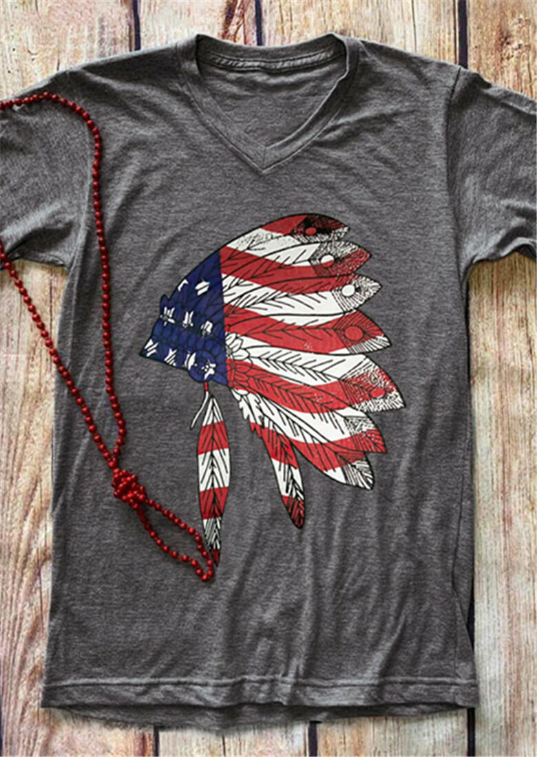 

Feather American Flag V-Neck T-Shirt Tee - Gray, 448777