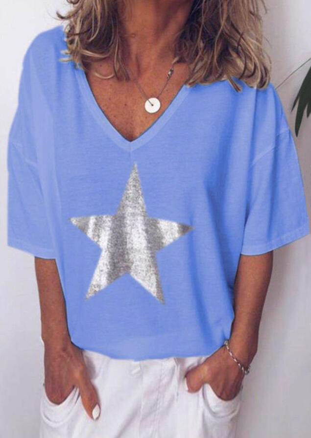 

Tees T-shirts Star V-Neck T-Shirt Tee without Necklace - Sky Blue. Size