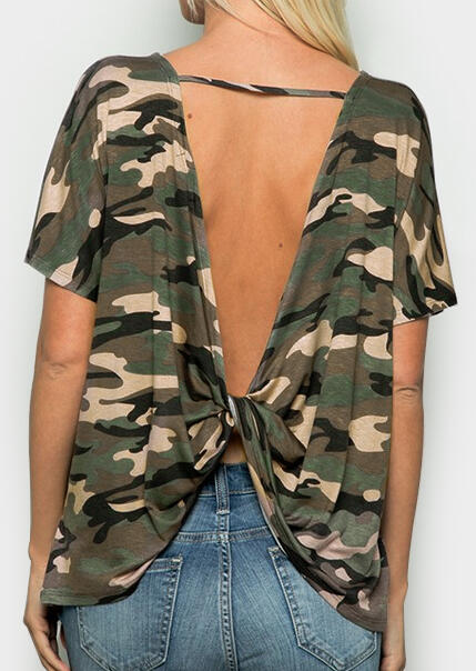 

Blouses Camouflage Printed Open Back Blouse. Size