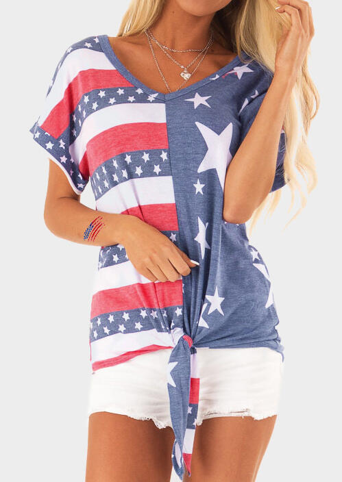 

American Flag Star Asymmetric Tie Blouse without Necklace - Stripe, 449926