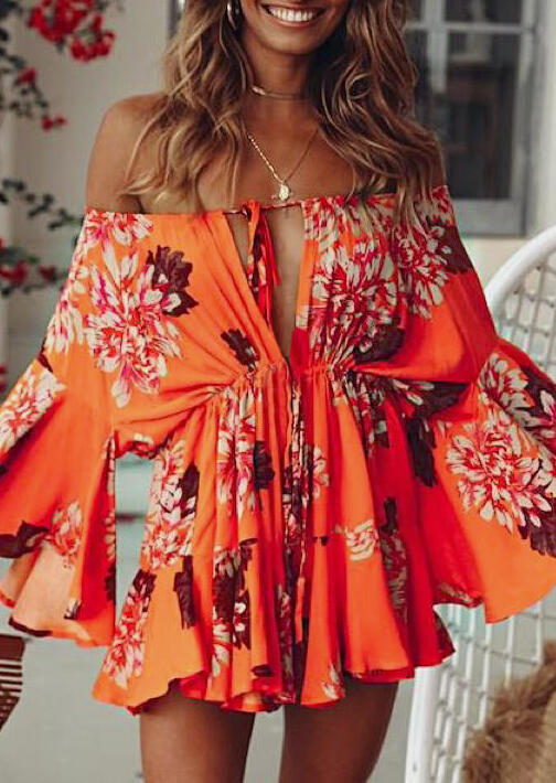 

Floral Tie Mini Dress without Necklace - Orange, 450796
