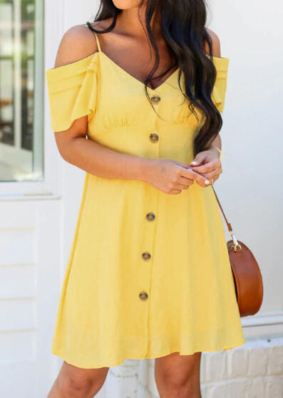 

Mini Dresses Solid Ruffled Button Cold Shoulder Mini Dress - Yellow. Size