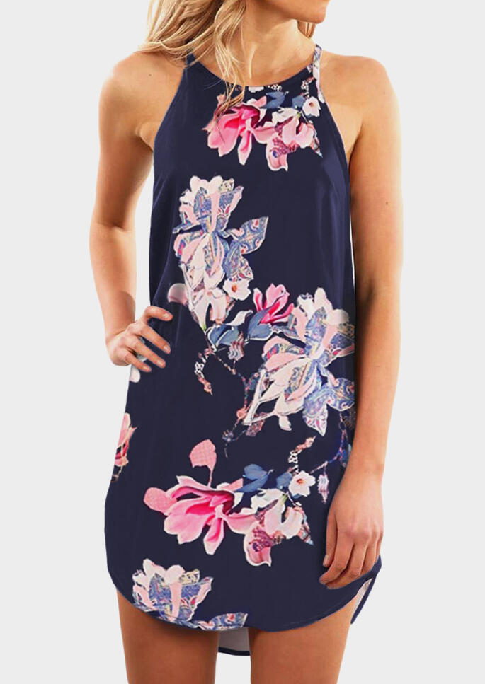 

Floral Sleeveless Halter Mini Dress - Blue, 450806