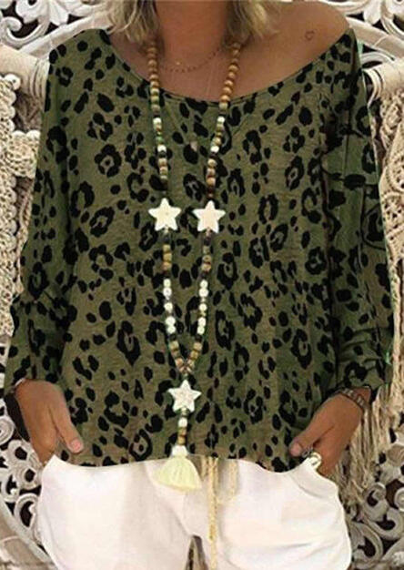 

Leopard Printed Slash Neck Blouse without Necklace - Army Green, 450823