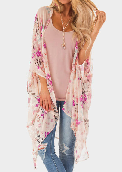 

Floral Asymmetric Cardigan without Necklace - Pink, 450831