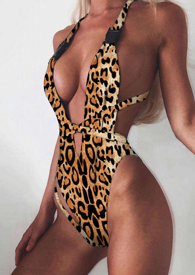 

One-Pieces Leopard Printed Hollow Out One-Piece Swimsuit - Brown. Size: ,M