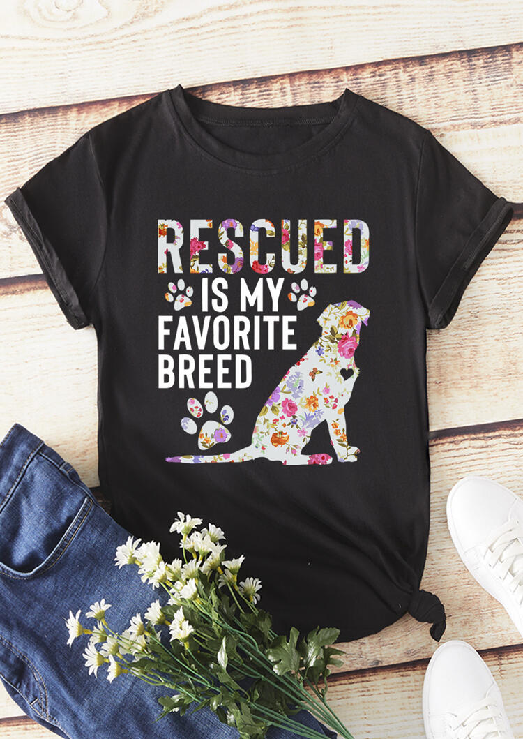 

Floral Rescued Is My Favorite Breed T-Shirt Tee - Black, 450854