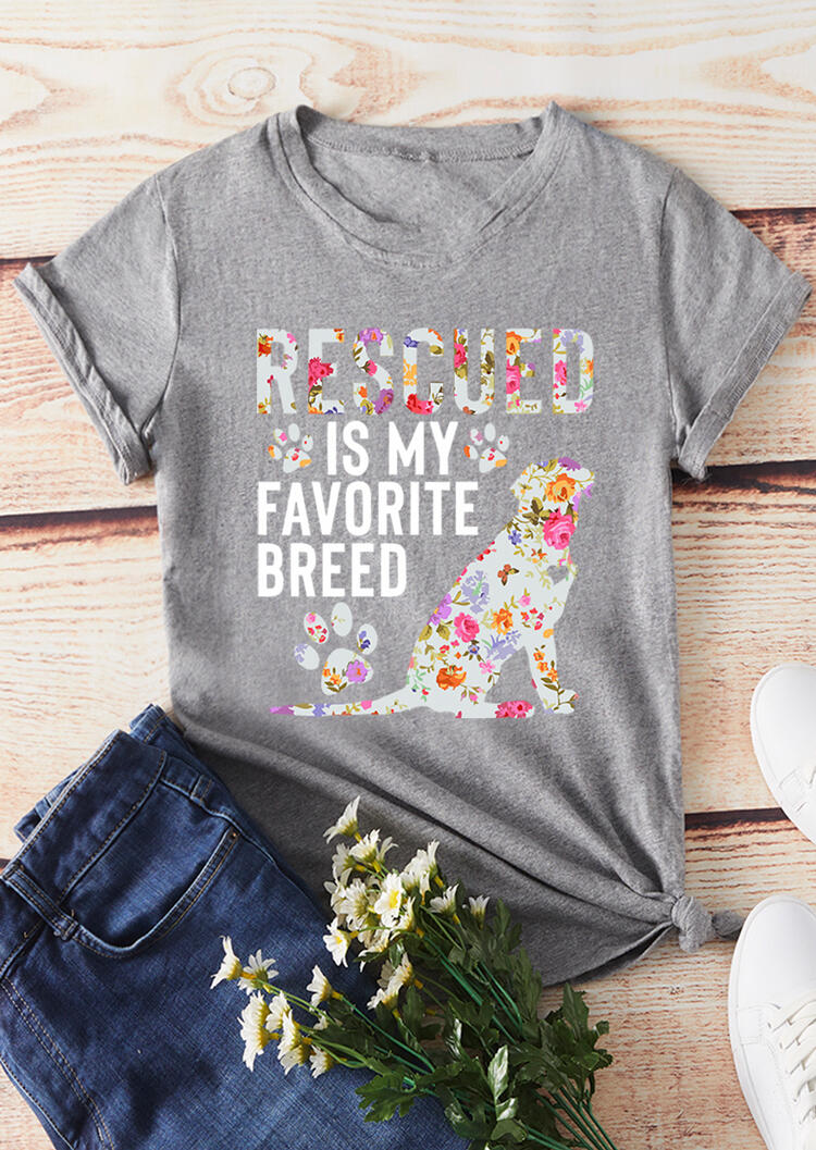 

Floral Rescued Is My Favorite Breed T-Shirt Tee - Gray, 450858