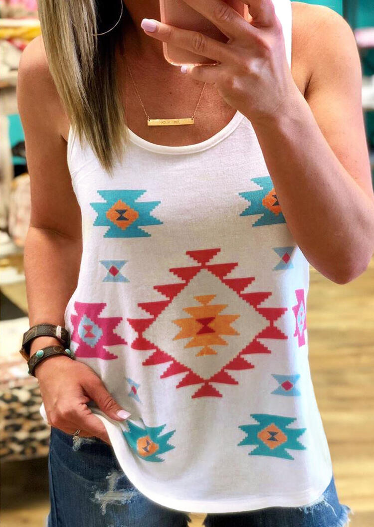 

Aztec Geometric Printed O-Neck Tank without Necklace - White, 450875