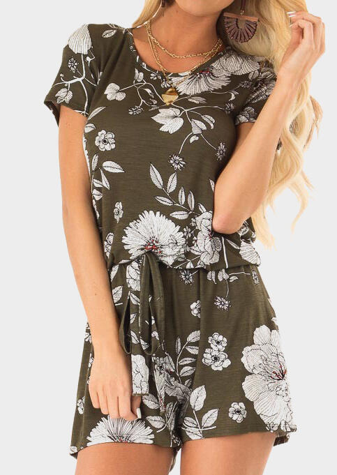 

Floral Drawstring Pocekt Romper without Necklace - Army Green, 450877