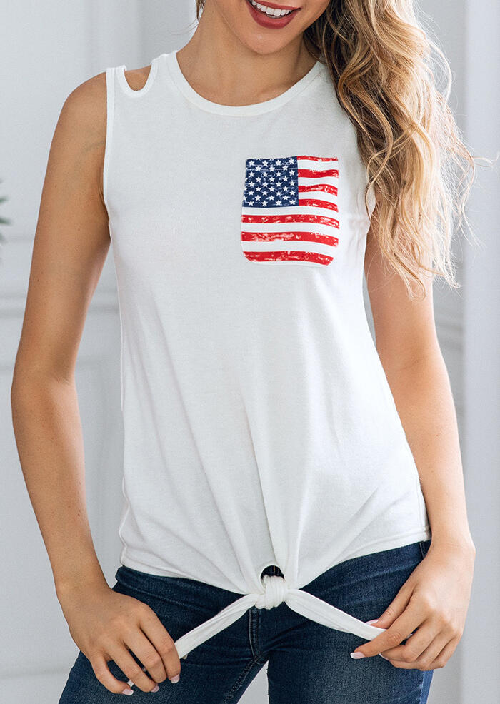 American Flag Hollow Out Tie Pocket Tank – White