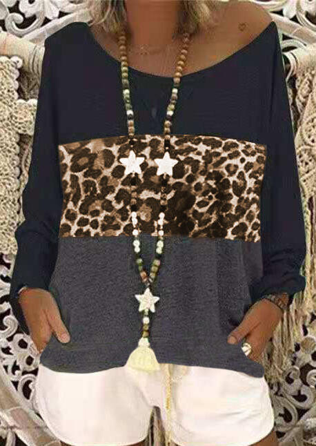 

Leopard Printed Splicing T-Shirt Tee without Necklace - Dark Grey, 450769