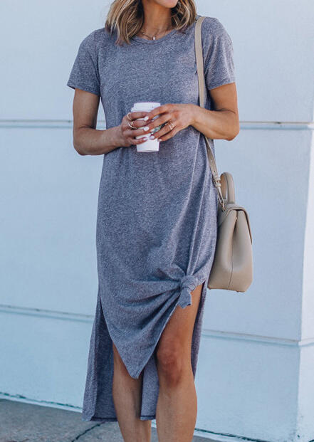 Solid Slit Casual Dress without Necklace - Blue, 450800
