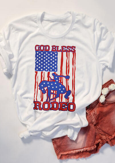 American Flag God Bless Rodeo T-Shirt Tee – White