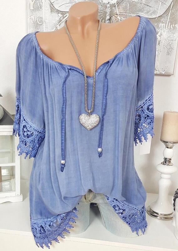

Solid Lace Splicing Off Shoulder Tie Blouse without Necklace - Blue, 450954