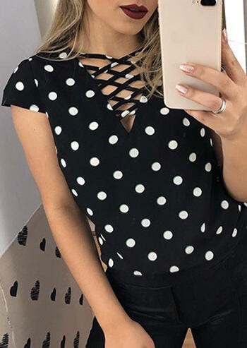 

Polka Dot Lace Up Blouse - Black, 450962