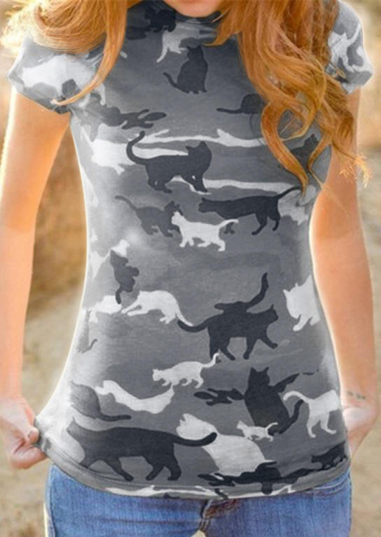 

Camouflage Printed Cat T-Shirt Tee - Gray, 450967