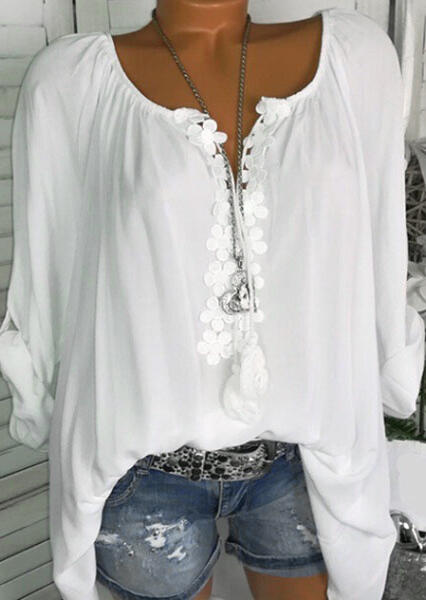 Flower Splicing Ruffled Blouse without Necklace - White, 450975