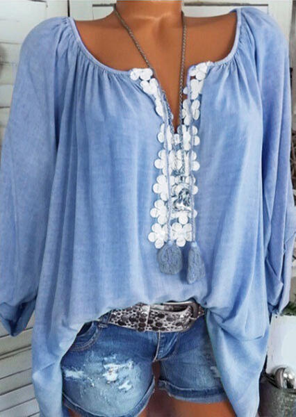 

Flower Splicing Ruffled Blouse without Necklace - Lake Blue, 450976