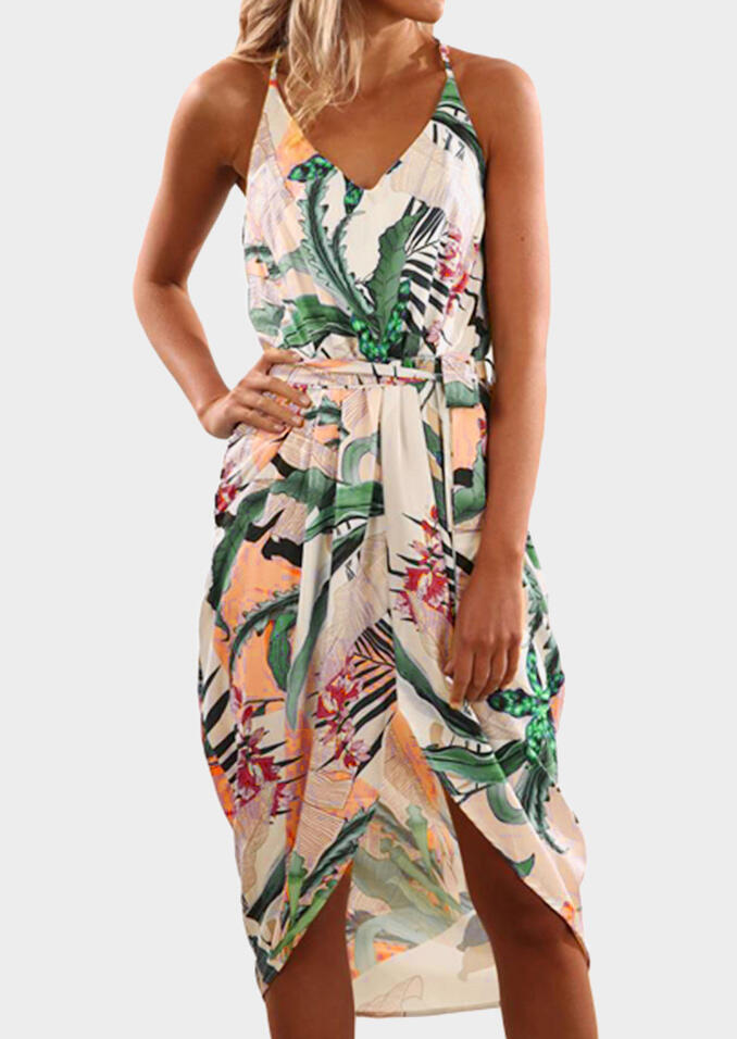 

Printed Slit Asymmetric Tie Casual Dress - Multicolor, 450802