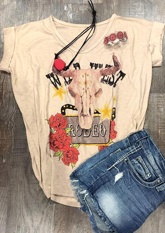 

Floral Wild West Steer Skull T-Shirt Tee - Apricot, 450957