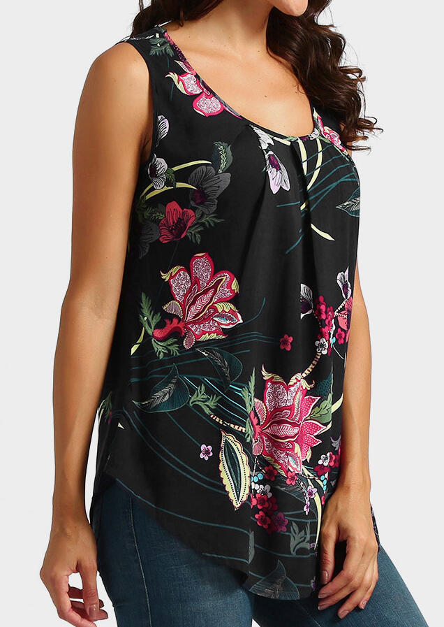 

Tank Tops Floral Ruffled O-Neck Irregular Tank - Black. Size: S